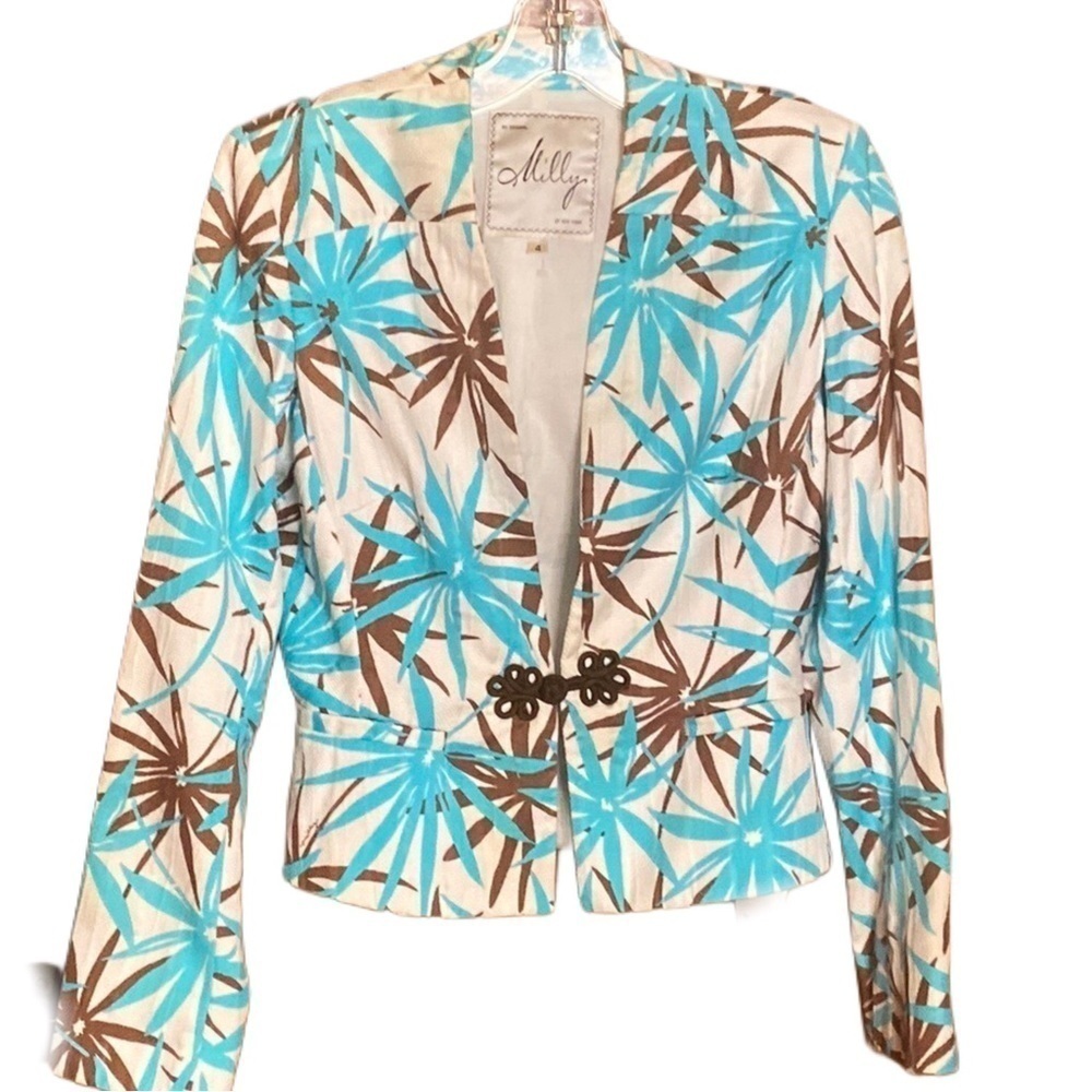 Milly of New York Cotton white turquoise n brown Floral Blazer, Asian vibe sz 4